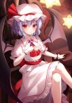  1girl bat_wings black_wings blush closed_mouth collared_shirt commentary cup feet_out_of_frame frilled_shirt_collar frilled_skirt frilled_sleeves frills hair_between_eyes hat hat_ribbon highres holding holding_cup looking_at_viewer miy@ mob_cap purple_hair red_eyes red_ribbon remilia_scarlet ribbon shirt short_hair short_sleeves skirt solo touhou white_headwear white_shirt white_skirt wings wrist_cuffs 