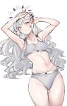  1girl armpits asakawa_(outeq) black_hairband blue_archive blush bra breasts closed_mouth collarbone cowboy_shot flower grey_bra grey_eyes grey_hair grey_halo grey_panties hair_flower hair_ornament hair_tubes hairband halo highres himari_(blue_archive) long_hair mole mole_under_eye navel panties sidelocks simple_background small_breasts smile solo striped_clothes striped_hairband underwear white_background white_flower 