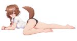  1girl animal_collar animal_ears ass bare_legs barefoot black_panties bone_hair_ornament braid breasts brown_eyes brown_hair cartoon_bone closed_mouth collar commentary_request dog_ears dog_girl dog_tail elbow_rest feet hair_between_eyes hair_ornament highres hololive inugami_korone large_breasts legs light_blush long_hair looking_at_viewer lying no_pants on_stomach p-nekoe panties red_collar shirt short_sleeves simple_background smile solo tail tail_raised thighs toes underwear virtual_youtuber white_background white_shirt 