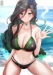  1girl absurdres algorhythm_project bikini black_bikini black_hair breasts choker evalia_(algorhythm_project) green_eyes green_hair highres jewelry large_breasts long_hair midriff multicolored_hair navel ratmilktea solo stomach swimsuit symbol-shaped_pupils virtual_youtuber 