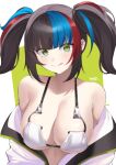  1girl absurdres bare_shoulders bikini black_hair blue_hair blush breasts cleavage fate/grand_order fate_(series) highres jacket kurozawa_yui large_breasts licking_lips long_hair long_sleeves looking_at_viewer multicolored_hair navel off_shoulder open_clothes open_jacket red_hair sei_shounagon_(fate) sei_shounagon_(swimsuit_berserker)_(fate) sidelocks smile solo swimsuit tongue tongue_out twintails white_bikini white_jacket yellow_eyes 