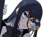  1girl ado_(utaite) black_bow black_bowtie black_hair blue_eyes blue_hair bow bowtie chando_(ado) closed_mouth cloud_nine_inc colored_inner_hair commentary gloves hashtag_only_commentary highres holding holding_magnifying_glass long_hair magnifying_glass mole mole_under_eye multicolored_hair riseno sidelocks simple_background solo upper_body utaite white_background white_gloves 