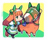  1girl 1other animal_ears birthday black_gloves black_pantyhose blunt_bangs chibi commentary_request creature_and_personification dated ear_covers frilled_skirt frills gloves green_background green_eyes hairband highres hime_cut horse horse_ears horse_girl horse_tail long_hair looking_at_another orange_hair pantyhose pleated_skirt puffy_sleeves real_life sidelocks silence_suzuka_(racehorse) silence_suzuka_(umamusume) skirt smile tail takatsuki_nato two-tone_background umamusume white_footwear white_hairband white_skirt yellow_background 
