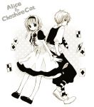  1boy 1girl ace_of_clubs ace_of_diamonds ace_of_hearts ace_of_spades ahoge alice_(wonderland) alice_(wonderland)_(cosplay) alice_in_wonderland animal_ears anzu_(o6v6o) apron back-to-back card cat_ears cheshire_cat cheshire_cat_(cosplay) cosplay cross-laced_clothes dress dual_persona full_body genderswap genderswap_(ftm) gumi gumiya hairband hands_in_pockets kemonomimi_mode looking_at_viewer neck_ribbon necktie playing_card ribbon shoes short_hair_with_long_locks short_sleeves striped striped_legwear vest vocaloid wrist_cuffs 