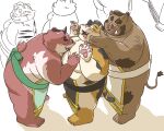 2024 anthro asian_clothing bear belly big_belly blush brown_body clothing east_asian_clothing felid group hi_res hon55728 japanese_clothing kemono male male/male mammal mawashi moobs overweight overweight_male pantherine suid suina sumo sumo_wrestler sus_(pig) tiger wild_boar
