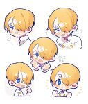  ... 1boy :&lt; :o ? ?? aged_down annoyed blonde_hair blue_eyes blush chef child clenched_hand clenched_teeth commentary_request confused crying crying_with_eyes_open curly_eyebrows determined expressions from_side frown hair_over_one_eye highres long_bangs looking_at_viewer male_focus natori one_piece sad sanji_(one_piece) scratching_cheek short_hair simple_background sweat sweatdrop tears teeth translated upper_body white_background 
