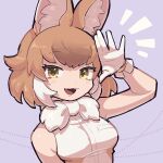  1girl :3 an-chan_(ananna0315) animal_ears bare_shoulders blush bow bowtie brown_hair brown_shirt dhole_(kemono_friends) dog_ears dog_girl fang gloves hair_between_eyes highres kemono_friends light_brown_hair looking_at_viewer multicolored_hair open_mouth salute shirt short_hair sidelocks sleeveless smile solo upper_body waving white_bow white_bowtie white_gloves white_hair white_shirt yellow_eyes 