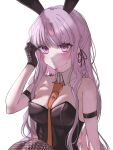  1girl animal_ears armband artist_name bare_shoulders black_gloves black_leotard braid breasts cleavage close-up closed_mouth colorized danganronpa_(series) danganronpa_v3:_killing_harmony detached_collar fake_animal_ears fishnet_pantyhose fishnets gloves hair_ribbon hand_in_own_hair highres kirigiri_kyoko knees_up leotard long_hair looking_at_viewer medium_breasts mi_loveyouuu necktie orange_necktie pantyhose playboy_bunny purple_eyes purple_hair rabbit_ears ribbon sitting solo strapless third-party_edit white_background 