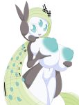  2017 absurd_res areola big_breasts black_skin blue_eyes breasts female forehead_gem green_hair hair hi_res holding_breast huge_breasts humanoid legendary_pok&eacute;mon long_hair looking_at_viewer meloetta meloetta_(aria_form) multicolored_skin musical_note navel nintendo nipples open_mouth open_smile pok&eacute;mon pok&eacute;mon_(species) pseudo_clothing pussy shmeepo simple_background smile solo standing teeth two_tone_skin video_games white_background white_skin 