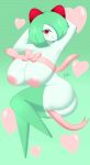  &lt;3 2018 areola big_breasts big_butt blush breasts butt clothed clothing female green_background green_hair hair hand_behind_head hi_res horn huge_breasts humanoid inverted_nipples kirlia legwear lewdicecream looking_at_viewer mostly_nude nintendo nipples not_furry pok&eacute;mon pok&eacute;mon_(species) red_eyes ribbons signature simple_background smile solo thigh_highs tongue tongue_out video_games white_skin 