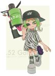  .52_gal_(splatoon) 1girl animal_print black_headwear black_shirt border commentary cross-laced_footwear full_body gradient_hair green_eyes green_hair grey_footwear gun hat highres holding holding_gun holding_weapon looking_at_viewer medium_hair multicolored_hair octoling octoling_girl octoling_player_character one_eye_closed open_mouth outside_border oversized_clothes oversized_shirt raised_eyebrows shirt shoes simple_background smile solo splatoon_(series) splatoon_3 standing standing_on_one_leg symbol-only_commentary tentacle_hair thick_eyebrows totocosakana two-tone_shirt weapon white_border white_shirt yellow_background zebra_print 