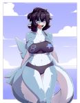  2016 anthro bedroom_eyes bikini black_hair blue_eyes blush breasts clothing cloud detailed_background fangs female fish hair half-closed_eyes looking_at_viewer marine materclaws navel open_mouth post_transformation sea seductive shark short_hair smile solo standing swimsuit tongue tongue_out water wide_hips 