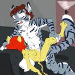 absurd_res anthro duo felid female furniture hair hi_res leg_grab male male/female mammal pantherine pregnant pregnant_sex red_hair sex sofa tiger unknown_artist yellow_body