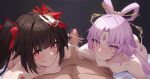  1boy 2girls absurdres blunt_bangs breasts brown_hair censored closed_mouth completely_nude cooperative_handjob ffm_threesome forehead_jewel fox_mask fu_xuan_(honkai:_star_rail) group_sex hair_ornament handjob highres honkai:_star_rail honkai_(series) honkai_impact_3rd long_hair looking_at_viewer mask mask_on_head mosaic_censoring multiple_girls nipples nude parted_bangs pink_eyes pink_hair red_eyes shiratategosha small_breasts smile sparkle_(honkai:_star_rail) threesome twintails 