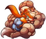 2021 anthro arm_grab arrow_(arrowt) balls benbencoo big_balls big_bulge big_muscles big_penis bulge canid canine canis duo eye_contact female fox genitals hi_res huge_balls huge_bulge huge_muscles huge_penis hyper hyper_muscles looking_at_another male male/female mammal muscular muscular_male pec_grab pecs penis red_fox size_difference true_fox wolf