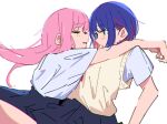  2girls arms_around_neck atenaba blue_eyes blue_hair blue_skirt blush closed_eyes kaf_(kamitsubaki_studio) kamitsubaki_studio long_hair looking_at_another multicolored_hair multiple_girls parted_lips pink_hair pleated_skirt red_hair rim_(kamitsubaki_studio) school_uniform shirt short_hair short_sleeves simple_background skirt streaked_hair sweater_vest white_background white_shirt yellow_sweater_vest yuri 