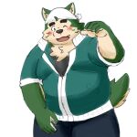 anthro belly blush canid canine canis domestic_dog eyebrows fur green_body green_fur hi_res lifewonders live_a_hero male mammal mokdai one_eye_closed overweight solo thick_eyebrows wink yaki_atsuage