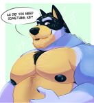 2024 anthro areola australian_cattle_dog bandit_heeler barazoku biceps big_muscles big_pecs blue_background bluey_(series) body_hair border canid canine canis cattledog chest_hair domestic_dog english_text eyebrows fur herding_dog looking_at_viewer male mammal mature_anthro mature_male musclegut muscular muscular_anthro muscular_male nipples nude pastoral_dog pecs simple_background smile solo talking_to_viewer text thediyemi tuft white_border