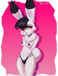 anthro black_hair breasts captain_bokko clothed clothing condom condom_in_mouth condom_wrapper female front_view fur hair hands_behind_back hi_res lagomorph leporid long_ears looking_up mammal mouth_hold nipples object_in_mouth osamu_tezuka partially_clothed pasties rabbit red_eyes sexual_barrier_device short_hair skimpy slim small_breasts solo the_amazing_3 thong underwear white_body white_fur yhorey_san