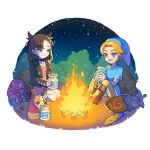 1:1 beverage black_hair blonde_hair bottle container cosmic_background crossover elf fire generation_8_pokemon group hair hi_res holding_beverage holding_bottle holding_container holding_object humanoid hylian marnie_(pokemon) morpeko morpeko_(full_belly_mode) night nintendo open_mouth open_smile pokemon pokemon_(species) rutiwa sitting smile starry_background the_legend_of_zelda trio young_link