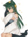  animal_ears anubis_(monster_girl_encyclopedia) choker commentary commission dark_green_hair dress green_hair hair_ornament hand_up jewelry long_hair mochii monster_girl monster_girl_encyclopedia one_eye_closed pajamas paws pillow pillow_hug signature sitting sleepy snake_hair_ornament solo tail white_dress wolf_ears wolf_tail 