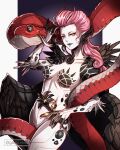  1girl artist_name black_flower black_lips black_sclera breasts brown_eyes closed_mouth collarbone colored_sclera commentary english_commentary eyelashes flower forked_tongue gzei highres holding holding_flower large_breasts lilith_(megami_tensei) long_hair nude pink_hair scales shin_megami_tensei shin_megami_tensei_v shin_megami_tensei_v:_vengeance slit_pupils snake tail tongue twitter_username wings yellow_eyes 