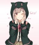  blush brown_skirt collared_shirt commentary danganronpa english eyebrows_visible_through_hair gradient gradient_background green_hoodie grey_hair hands_up happy heart hood hood_up hoodie long_sleeves mochii nanami_chiaki neck_ribbon one_eye_closed open_clothes open_hoodie pink_background pleated_skirt red_eyes red_neckwear red_ribbon ribbon shirt signature skirt smile solo super_danganronpa_2 thank_you upper_body wing_collar 