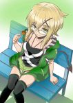  akatsuki_kirika bench bespectacled black_legwear breasts cleavage demon_tail food from_above glasses green-framed_eyewear green_background green_hoodie green_shorts hair_ornament jewelry looking_at_viewer medium_breasts necklace robisonjr senki_zesshou_symphogear short_hair short_hair_with_long_locks short_shorts shorts sitting smile solo tail takoyaki thighhighs x_hair_ornament 