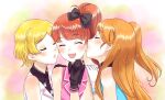  3girls :d ^_^ amamiya_rizumu bare_shoulders black_gloves black_shirt blonde_hair blush bow closed_eyes collared_shirt commentary_request facing_another facing_viewer girl_sandwich gloves hair_bow hand_on_another&#039;s_shoulder hand_on_own_chin harune_aira highres imminent_kiss jacket kanagai_yukiko kiss long_hair multiple_girls open_mouth orange_hair parted_bangs parted_lips pink_jacket pretty_rhythm pretty_rhythm_aurora_dream pretty_series sandwiched shirt short_hair side_ponytail smile takamine_mion upper_body white_gloves yuri 