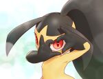  absurdres artist_name commentary hands_up heart heart_in_eye highres looking_at_viewer mawaifu mawile peeking_through_fingers pokemon pokemon_(creature) red_eyes signature solo symbol_in_eye upper_body 