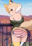  1girl absurdres animal_ears back blonde_hair camisole coyote_(kemono_friends) extra_ears highres illu_(illu_stratos) jacket kemono_friends kemono_friends_v_project looking_at_viewer looking_back panties short_hair skirt solo tail thighhighs underwear virtual_youtuber wolf_ears wolf_girl wolf_tail yellow_eyes 