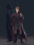  2boys absurdres anakin_skywalker belt black_cape black_footwear black_vest blue_eyes boots brown_coat brown_gloves brown_hair brown_pants brown_shirt cape closed_mouth coat darth_vader dual_persona energy_sword english_commentary full_body gloves grey_background hands_up helmet highres hood hooded_coat lightsaber long_sleeves looking_to_the_side male_focus multiple_boys open_clothes open_coat pants papaya_mm red_belt reflection scar scar_across_eye shirt short_hair simple_background single_glove smile standing star_wars star_wars:_revenge_of_the_sith sword vest weapon wide_sleeves 