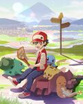  1boy artist_name backpack bag black_shirt brown_eyes bulbasaur charmander cocoloco commentary_request dated day hat holding holding_map jacket male_focus map mountain open_clothes open_jacket open_mouth outdoors pants pidgey pikachu pokemon pokemon_(creature) pokemon_rgby red_(pokemon) red_headwear red_jacket rock shirt shoes sign sitting squirtle starter_pokemon_trio unworn_backpack unworn_bag 
