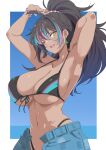  1girl absurdres aqua_hair arm_behind_head armpits bikini black_bikini black_hair blue_shorts bracelet breasts brown_eyes collarbone dark-skinned_female dark_skin earrings hair_between_eyes hair_ornament highleg highleg_bikini highres indie_virtual_youtuber jewelry kichihachi large_breasts multicolored_bikini multicolored_clothes navel neon_harper one_eye_closed open_fly open_mouth pink_hair ponytail second-party_source shorts solo swimsuit teeth upper_teeth_only virtual_youtuber 