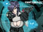  absurdres aiming ammunition bangs belt black_gloves breasts cleavage commentary cyberpunk cyborg english_commentary firing ghost_in_the_shell ghost_in_the_shell_stand_alone_complex gloves gun hair_over_eyes handgun heads-up_display highres holding holding_gun holding_weapon huge_filesize jacket kusanagi_motoko large_breasts lips one_eye_covered open_clothes open_jacket open_shirt pistol purple_hair r3dfive science_fiction short_hair solo unzipped utility_belt weapon 