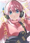  1girl blue_eyes bocchi_the_rock! cube_hair_ornament electric_guitar gibson_brands_inc gibson_les_paul gotoh_hitori guitar hair_ornament headphones highres holding holding_headphones instrument jersey long_hair long_sleeves open_mouth pink_hair solo tearing_up upper_body wano_(azayakam) 