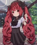  azur_lane bangs black_bow black_hat black_legwear black_sailor_collar black_skirt blurry blurry_background blush bow breasts closed_mouth commentary_request depth_of_field eyebrows_visible_through_hair hair_bow hat high-waist_skirt highres holding holding_umbrella honolulu_(azur_lane) long_hair looking_at_viewer medium_breasts outdoors pantyhose pleated_skirt puffy_short_sleeves puffy_sleeves rainbow red_eyes red_hair sailor_collar sapphire_(sapphire25252) school_uniform serafuku shirt short_sleeves skirt solo transparent transparent_umbrella twintails umbrella v-shaped_eyebrows very_long_hair water_drop white_shirt 