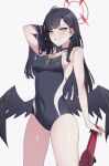  1girl asakawa_(outeq) bare_arms bare_legs bare_shoulders black_choker black_hair black_one-piece_swimsuit black_wings blue_archive blush breasts choker cowboy_shot grey_eyes grin gun hair_ornament hairclip halo hand_in_own_hair highres ichika_(blue_archive) long_hair looking_at_viewer medium_breasts one-piece_swimsuit red_halo school_swimsuit sideboob simple_background smile solo swimsuit weapon white_background wings 