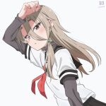  1girl black_sailor_collar brown_eyes coin grey_hair highres holed_coin layered_sleeves long_hair long_sleeves mikage_sakurako miyahara_takuya neckerchief red_neckerchief sailor_collar school_uniform short_over_long_sleeves short_sleeves simple_background solo soredemo_ayumu_wa_yosetekuru thick_eyebrows white_background 