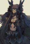  1girl bad_id bad_pixiv_id bare_shoulders black_dress black_hair breasts cleavage commentary detached_sleeves dress fate/apocrypha fate/grand_order fate_(series) finger_to_face fur_trim jewelry large_breasts long_dress long_hair navel necklace pointy_ears semiramis_(fate) solo stomach very_long_hair yellow_eyes 