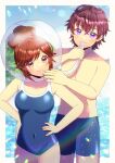  1boy 1girl bare_arms bare_shoulders blue_male_swimwear blue_one-piece_swimsuit breasts brown_eyes brown_hair closed_mouth collarbone commentary_request commission covered_navel day hair_between_eyes hair_bun hands_on_own_hips kou_hiyoyo male_swimwear medium_breasts one-piece_swimsuit original outdoors purple_eyes red_hair short_hair skeb_commission smile standing swim_trunks swimsuit topless_male water 