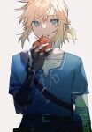  1boy apple belt bishounen blonde_hair blue_eyes colored_eyelashes facing_viewer fingerless_gloves food fruit gloves hair_between_eyes highres holding holding_food holding_fruit imminent_bite light_particles link looking_at_viewer low_ponytail male_focus misato_karuha pointy_ears red_apple solo the_legend_of_zelda the_legend_of_zelda:_breath_of_the_wild upper_body white_background 