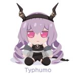  1girl arknights black_hairband black_thighhighs character_name chibi fake_horns full_body fumo_(doll) gribberoni hairband highres horn_hairband horns jacket jitome long_hair off_shoulder open_clothes pun purple_hair red_eyes simple_background sitting solo thighhighs typhon_(arknights) very_long_hair white_background 