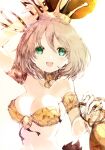 1girl arm_up bangle bare_shoulders bell bracelet breasts brown_hair choker cleavage crown fang gold_armlet highres holding holding_weapon jewelry jingle_bell kakuwashi light_blush looking_at_viewer medium_breasts open_mouth refrain_no_chika_meikyuu_to_majo_no_ryodan short_hair skin_fang smile solo standing theatrical_star upper_body weapon white_background 
