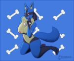 absurd_res anthro bedroom_eyes big_breasts black_body black_eyelashes blue_background blue_body blue_ears blue_tail breasts claws female generation_4_pokemon hi_res looking_at_viewer lucario multicolored_body narrowed_eyes nintendo nude pawpads pokemon pokemon_(species) presenting red_eyes riddarna2 seductive simple_background solo tail