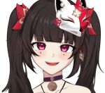  1girl :d bare_shoulders bell black_choker blush bow brown_hair choker close-up collarbone fox_mask hair_bow highres honkai:_star_rail honkai_(series) long_hair looking_at_viewer mask mask_on_head neck_bell open_mouth pink_eyes portrait raised_eyebrow red_bow ryoko_0111 sidelocks smile solo sparkle_(honkai:_star_rail) straight-on teeth twintails upper_teeth_only 