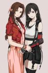  2girls aerith_gainsborough arm_around_waist black_hair black_thighhighs braid braided_ponytail brown_hair closed_mouth commentary crop_top dress earrings eyelashes final_fantasy final_fantasy_vii final_fantasy_vii_rebirth final_fantasy_vii_remake fingerless_gloves gloves green_eyes grey_background hair_ribbon highres holding_another&#039;s_wrist jacket jewelry looking_at_viewer multiple_girls navel necklace pink_dress pink_eyes pink_ribbon red_jacket ribbon shiren_(ourboy83) skindentation skirt smile suspender_skirt suspenders thighhighs tifa_lockhart upper_body zettai_ryouiki 
