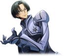  1boy armor artist_request asahina_shougo black_hair blue_eyes bodysuit closed_mouth code_geass code_geass:_lost_stories cropped_torso cropped_vest dutch_angle forehead game_cg glasses grey_bodysuit grey_vest hair_intakes hand_up looking_at_viewer male_focus non-web_source official_art rimless_eyewear round_eyewear short_hair shoulder_armor simple_background solo standing transparent_background upper_body v-shaped_eyebrows vest 