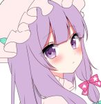  1girl blush bow close-up closed_mouth eyes_visible_through_hair flat_color frilled_hat frills hair_bow hat long_hair looking_at_viewer mob_cap patchouli_knowledge pink_bow pink_headwear portrait purple_eyes purple_hair shinonome_asu sidelocks simple_background solo star_(symbol) touhou turning_head unfinished white_background 