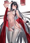  1girl absurdres bare_shoulders bikini black_hair blush breasts cleavage gloves highres large_breasts licking_lips long_hair long_sleeves looking_at_viewer navel original red_eyes smile solo swimsuit thighhighs thighs tongue tongue_out very_long_hair yamanokami_eaka 